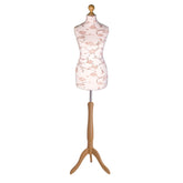 Display Guru Female Uk Size 16/18 Dressmakers Tailors Dummy Mannequin, Brown Flower on cream Torso Bust With Light Wood Tripod Stand